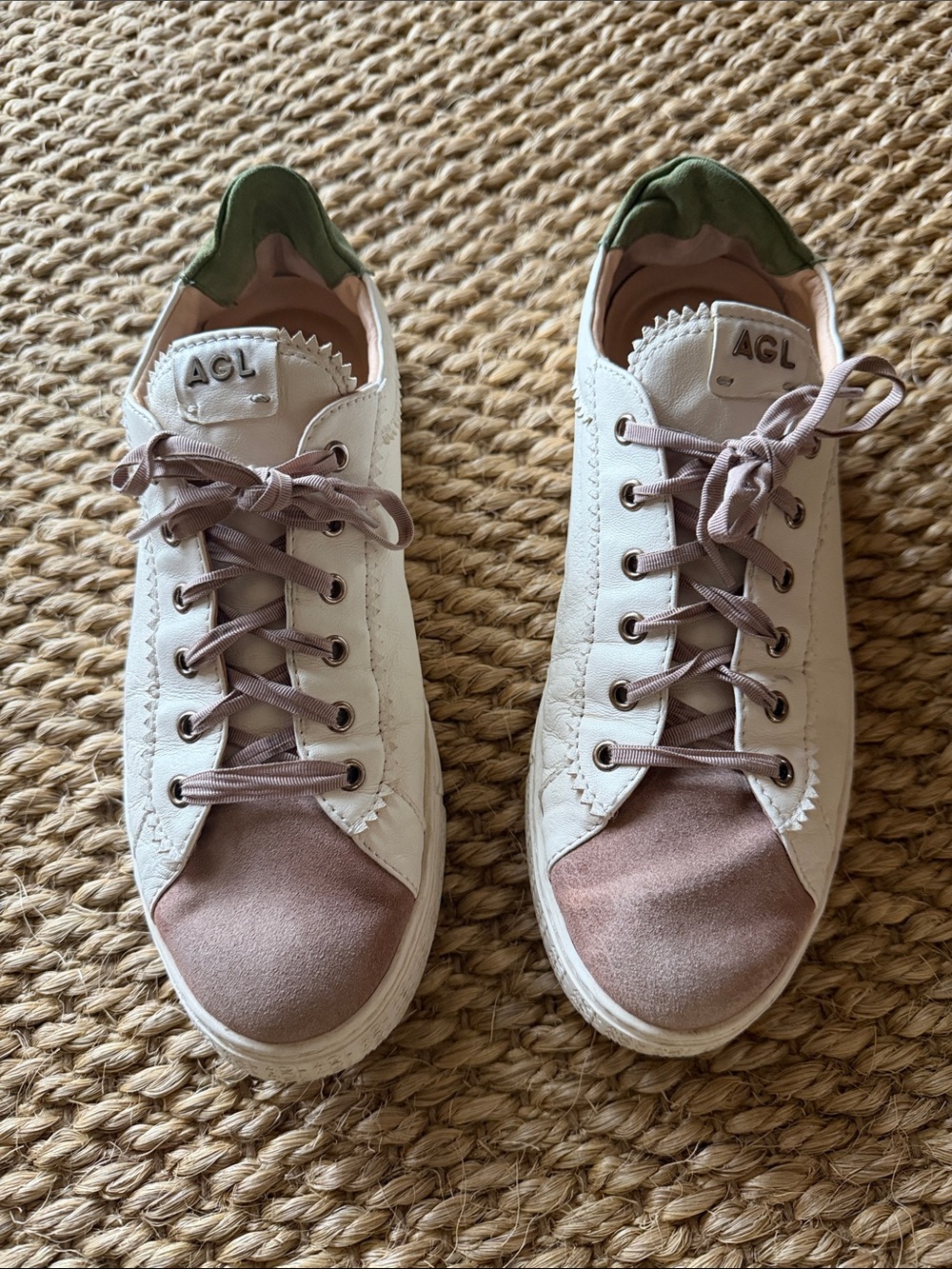 AGL White Leather Sneakers with Blush Suede Toe and Green Heel